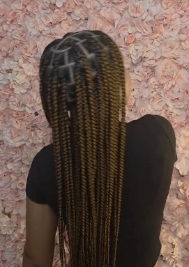 Long twisted braids with a geometric part against a pink flower wall